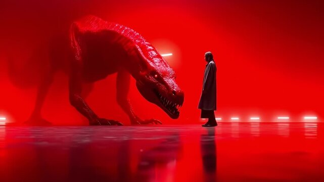 A man standing in front of a red dinosaur in a dark room