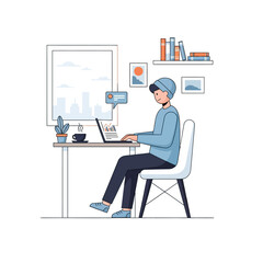 Naklejka premium Young man working on laptop at desk with coffee and plant, city view window