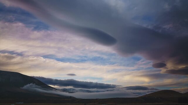 Timelapse of Dramatic Iridescent Clouds Over Mackenzie Basin and Ben Ohau Range New Zealand