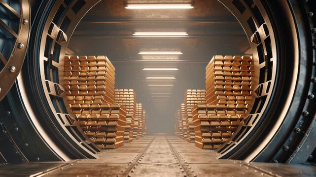 Interior view of a futuristic vault filled with stacks of gold bars.