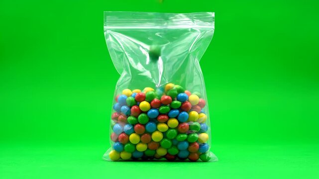 A transparent candy bag slowly filling with colorful candies, isolated on green screen confectionery, food, treats