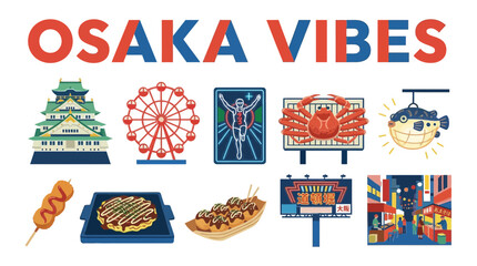 Fototapeta premium OSAKA VIBES text above icons of Osaka landmarks food and neon art