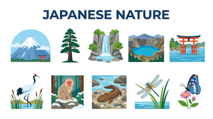 Ten illustrations depicting Japanese nature a mountain tree waterfall crater lake torii gate crane monkey salamander dragonfly and butterfly © zyaa