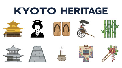 Obraz premium Illustration of ten icons representing Kyoto heritage elements on a white background