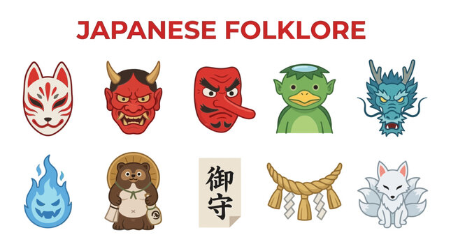 Ten illustrations representing Japanese folklore elements against a white background