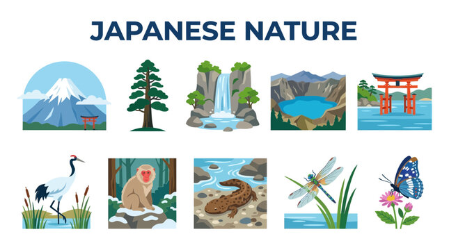 Ten illustrations depicting Japanese nature a mountain tree waterfall crater lake torii gate crane monkey salamander dragonfly and butterfly