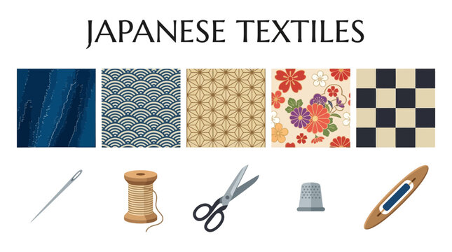 Five samples of Japanese textile patterns above five sewing tools on a white background
