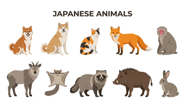 Row of ten illustrated Japanese animals against a white background