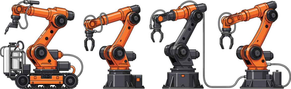 Industrial robotic arms set with automated machinery manipulators factory equipment technology vector illustration collection