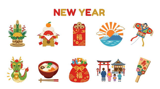 Japanese New Year icons featuring decorations food dragon shrine and kite
