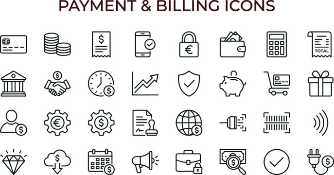 Payment and billing outline icon set featuring finance transaction analytics invoice dashboard interface symbols for business applications