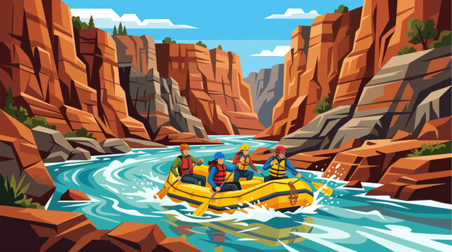 A diverse group paddles a yellow raft through a rocky river canyon with vibrant blue water and imposing orange cliffs under a clear sky.