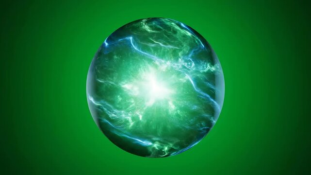 A mystical energy orb pulsing with an internal shimmering light, isolated on solid green background isolated, magic, power