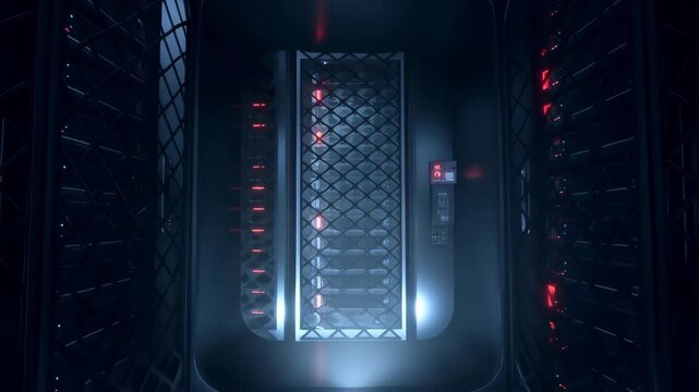 Computer case with metal mesh panel and red LED lights, illuminated in dark environment featuring gaming PC, technology, sleek design with futuristic