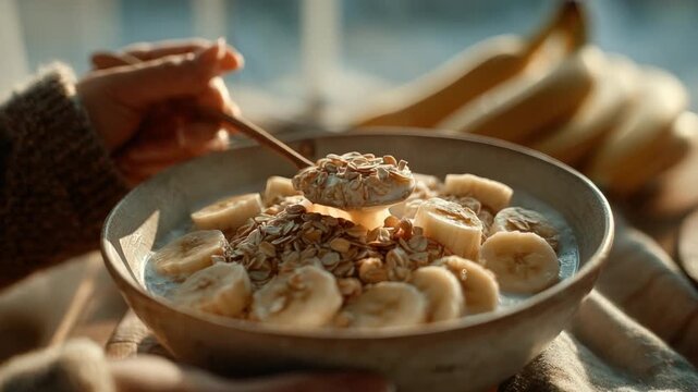 Breakfast delight: a close-up of a hand delicately stirring a bowl of hearty porridge with sliced bananas and a drizzle of honey, set against a backdrop of soft morning light and a cozy.