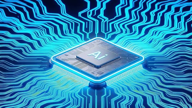 Futuristic AI processor chip with glowing blue neon edge and 'AI' logo, symbolizing advanced artificial intelligence, machine learning, and next-gen computing technology.