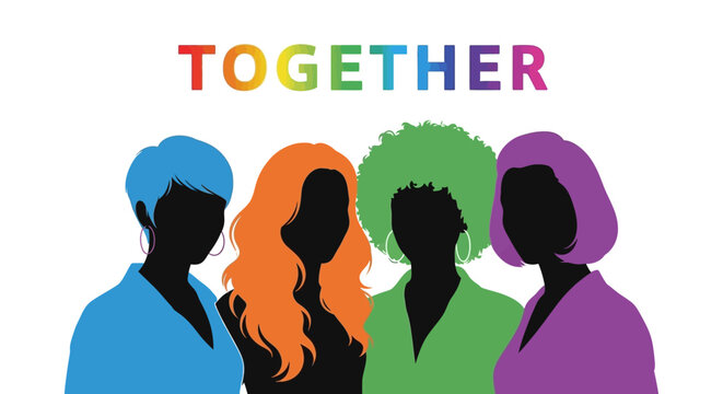 Diverse group of women silhouettes with colorful hair and Together text on white background