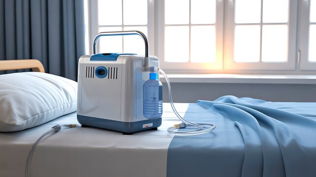 Oxygen concentrator machine on hospital bed in modern healthcare room 