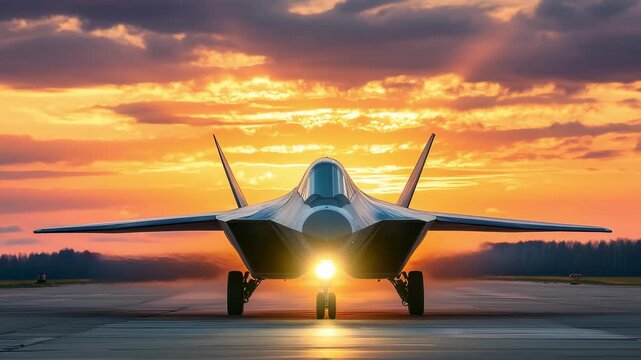 A military aircraft prepares for takeoff at an airbase as the sun sets, creating a backdrop of vibrant colors