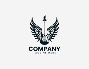 Obraz premium Electric guitar with wide decorative wings in clean modern black vector logo illustration style