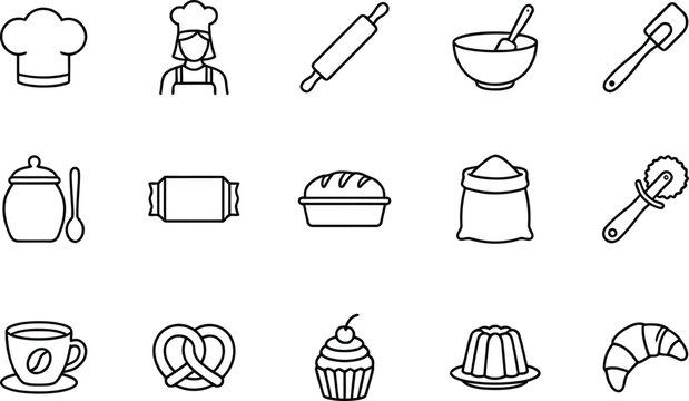 A collection of black and white line drawings depicting various baking icons and tools