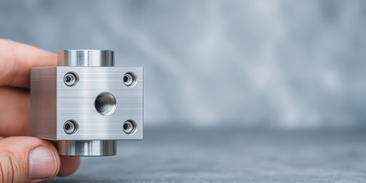 Metal part mechanical component hand holding industrial equipment close up silver color threaded hole precision engineering machinery metal texture engineering manufacturing tool metalwork