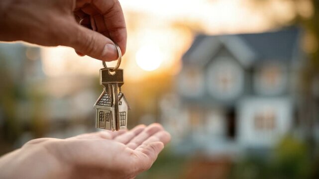 New Beginnings: A pair of hands tenderly hold up the keys to a newly-bought home, capturing the excitement of a new chapter of life with a touch of elegance.