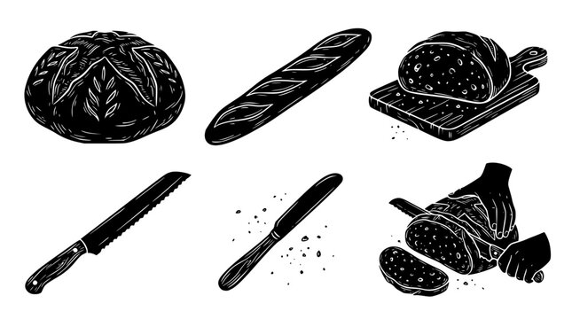 Various types of bread and bread knife illustrations