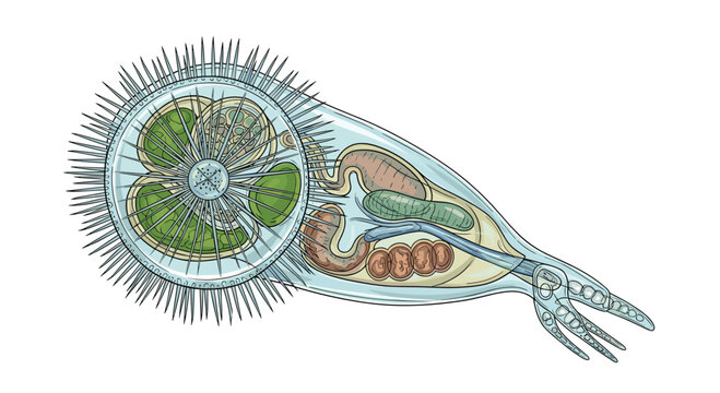 Intricate rotifer, a microscopic aquatic invertebrate, revealing its complex internal anatomy and ciliated corona designed for feeding.