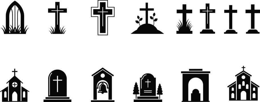 A collection of black silhouette icons depicting various cemetery grave markers and church buildings Vector