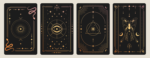 Mystical tarot card back with celestial sun, moon and stars in ornate golden frame, vector illustrations. Esoteric borders with magic symbols, spiritual snake, butterfly patterns for horoscope design © klyaksun