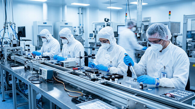 Scientists in cleanroom suits working on precise assembly line tasks involving small components and laboratory equipment in a controlled environment.