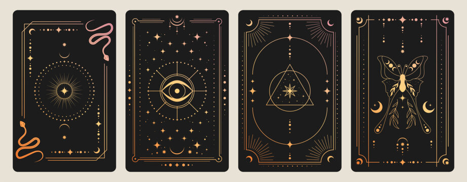 Mystical tarot card back with celestial sun, moon and stars in ornate golden frame, vector illustrations. Esoteric borders with magic symbols, spiritual snake, butterfly patterns for horoscope design