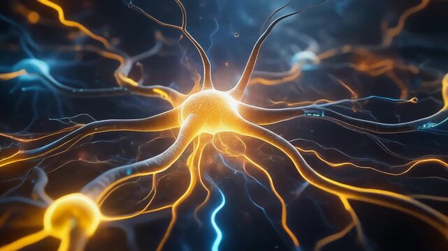 Detailed glowing neuron network illustration showing brain cells and nervous system connections in vibrant colors