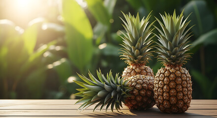 Fototapeta premium Three pineapples on a wooden table in a tropical setting