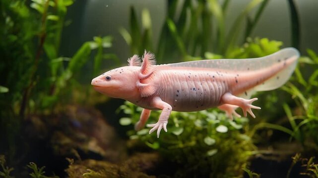 Close up of a pink axolotl underwater with green aquatic plants in natural habitat
