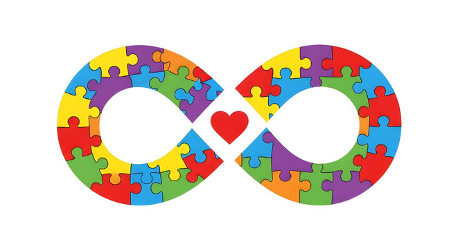 Colorful Autism Awareness Infinity Symbol with Puzzle Pieces and Red Heart Vector Illustration isolated PNG with Transparent Background