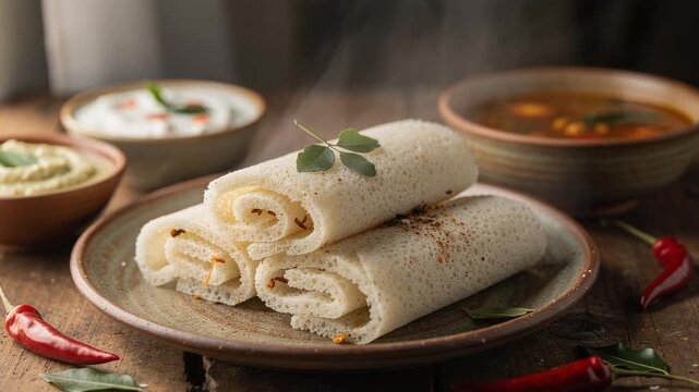 Traditional South Indian breakfast with rolled appam served with spicy chutney and curry on rustic wooden table