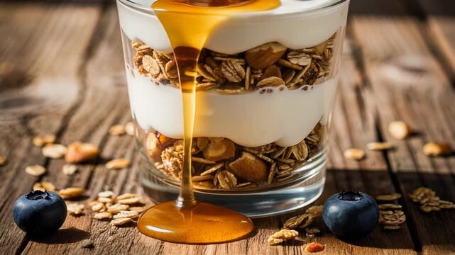 Healthy breakfast parfait with granola yogurt fresh blueberries and honey drizzle in glass cup