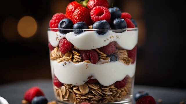 Healthy yogurt parfait with fresh berries granola and creamy layers in glass dessert cup