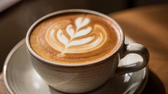 Creamy latte coffee with beautiful leaf latte art in a ceramic cup on wooden table