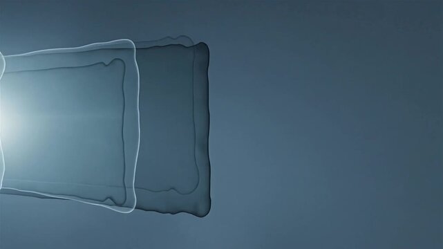 Ash-blue vapor-pane overlay with soft rectangular overlap and slow left-side sliding motion