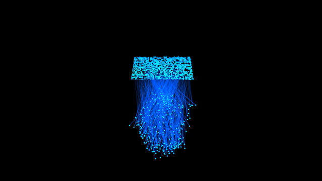 Holographic QR code projection above digital device in dark futuristic technology concept with glowing blue light particles
