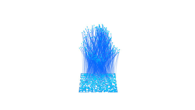 Holographic QR code projection above digital device in dark futuristic technology concept with glowing blue light particles