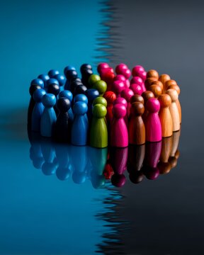 Wealth and Poverty Mindset. Duality of Wealth: Colorful Wooden Figurine Reflecting Rich and Poor Financial Identities on Glossy Surface