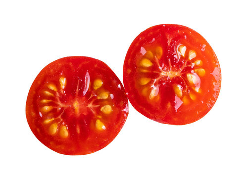 Fresh juicy red tomato slices isolated on transparent background with visible seeds and vibrant texture
