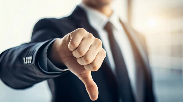 A businessman showing a thumbs-down gesture to indicate a sign of disapproval