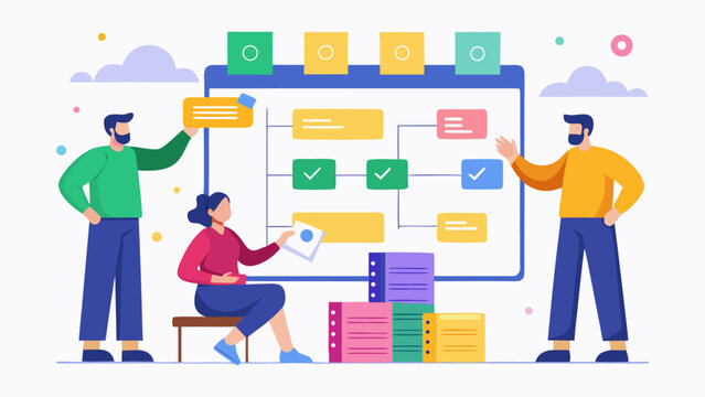 Business team planning project on task board. Agile workflow, scrum methodology, and teamwork collaboration concept. Flat vector illustration.