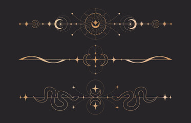 Frame designs set for magic tarot cards isolated on black background. Vector realistic illustration of vintage golden dividers with celestial moon, sun, snake icons, mystic ornaments, esoteric symbols © klyaksun