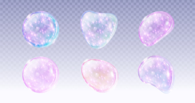 Transparent soap bubble with iridescent rainbow reflections, realistic vector illustrations isolated on background. 3D glossy shapes with holographic effect, water droplets, pink blue gradient shine.